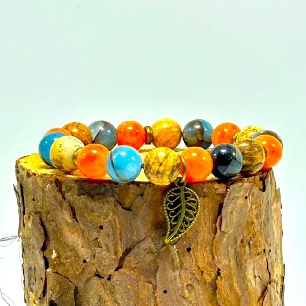 Handmade Fall Leaf Charm Bracelet Featuring Natural Jasper Stones!
